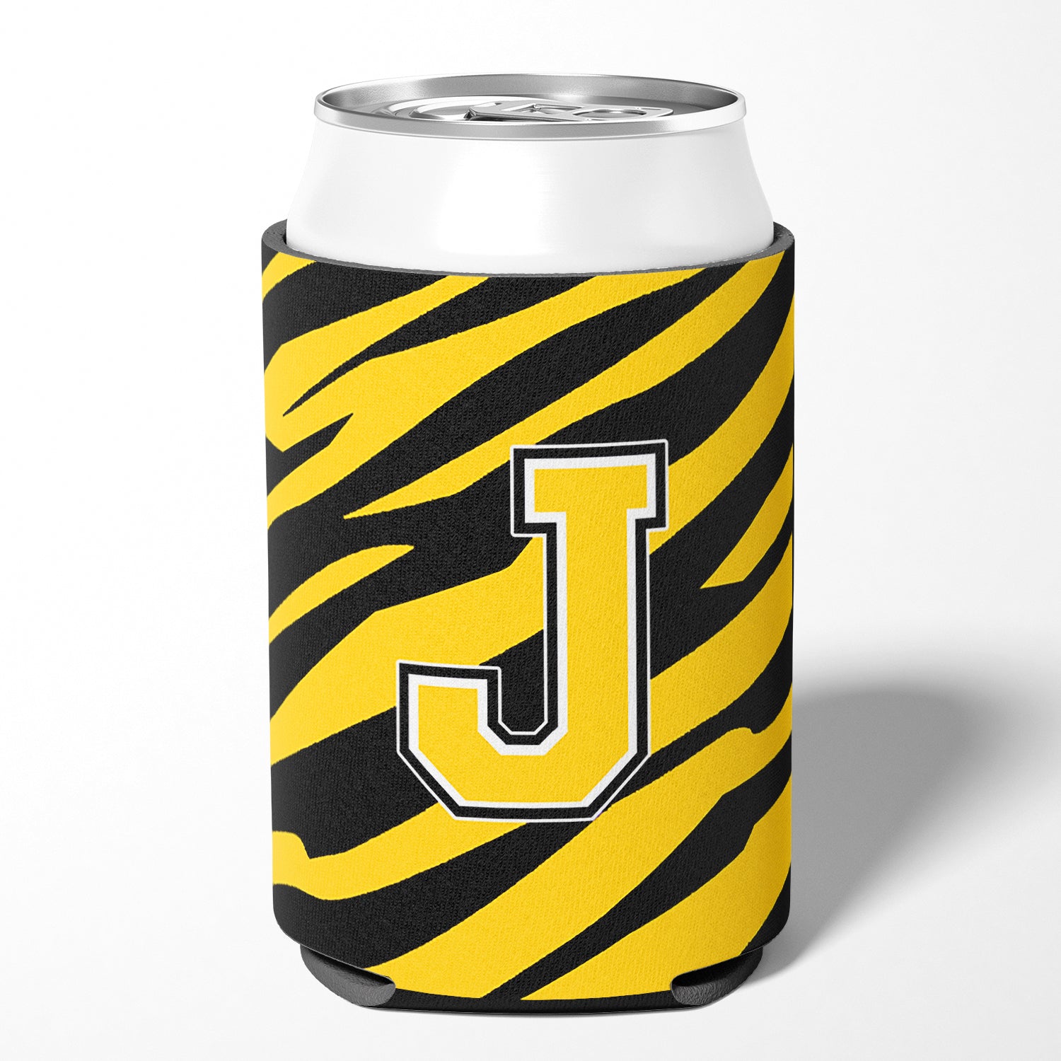 Lettre J monogramme initial - Tiger Stripe - Black Gold Can Beverage Insulator Hugger