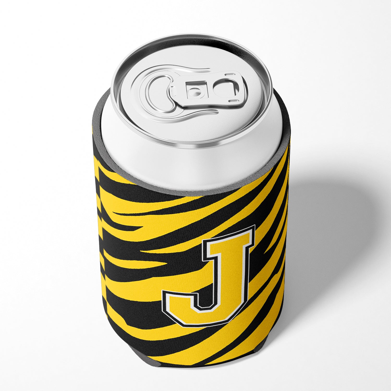 Letter J Initial Monogram - Tiger Stripe - Black Gold Can Beverage Insulator Hugger
