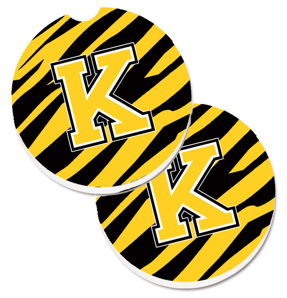 Monogram Initial K Tiger Stripe - Black Gold Set of 2 Cup Holder Car Coasters CJ1026-KCARC by Caroline's Treasures