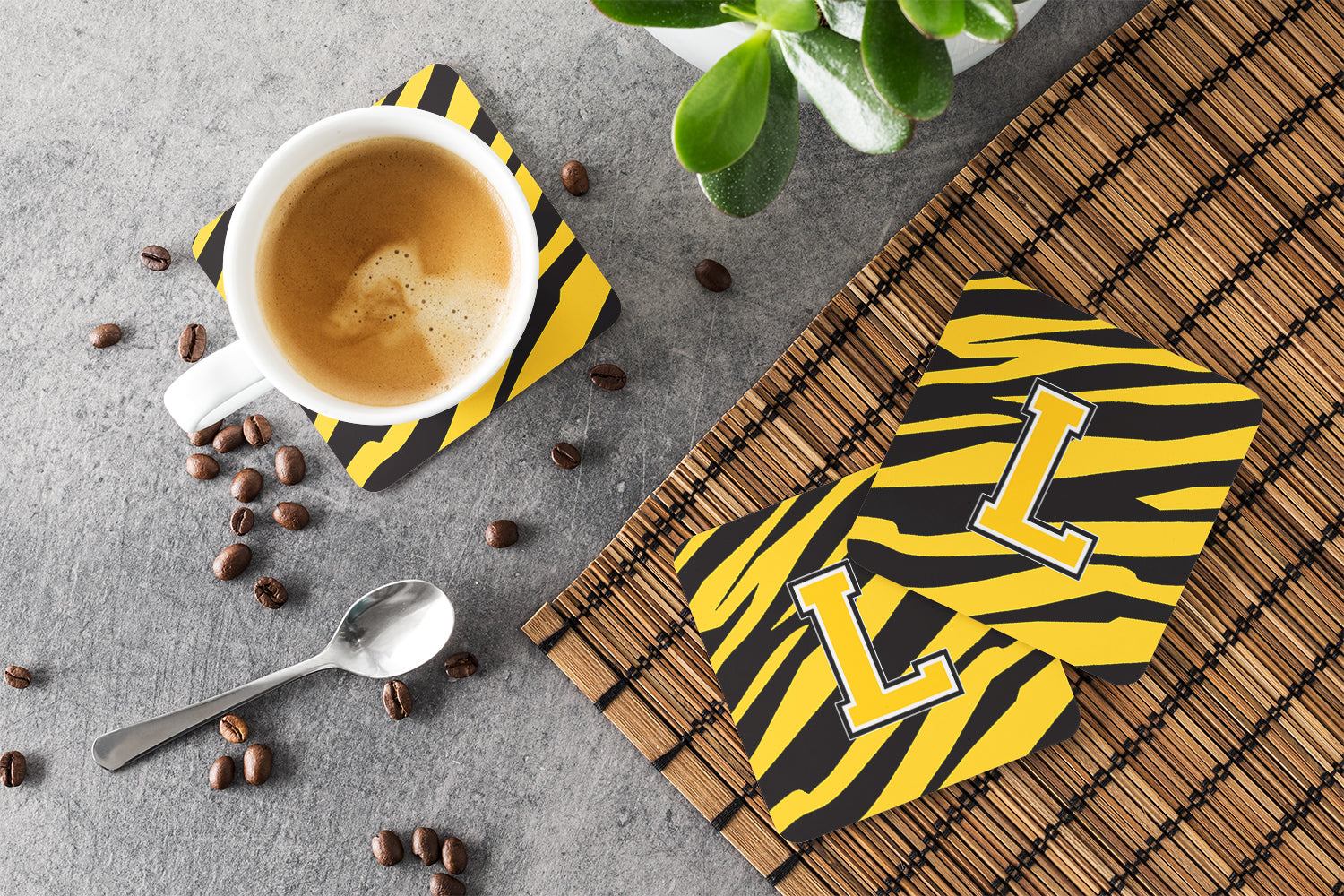 Set of 4 Monogram - Tiger Stripe - Black Gold Foam Coasters Initial Letter L - the-store.com