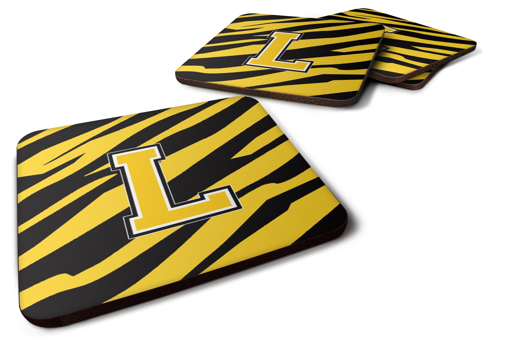 Set of 4 Monogram - Tiger Stripe - Black Gold Foam Coasters Initial Letter L - the-store.com