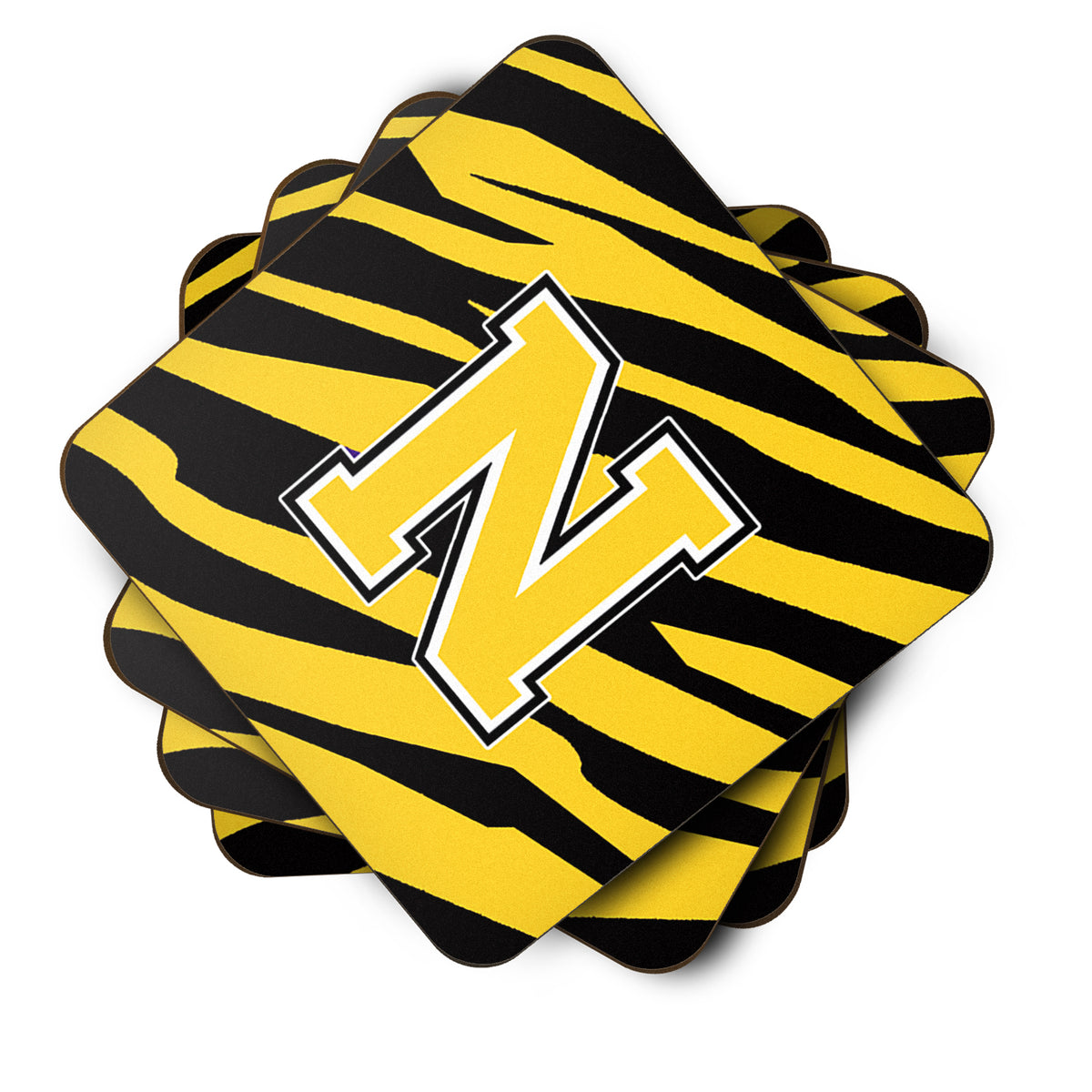 Set of 4 Monogram - Tiger Stripe - Black Gold Foam Coasters Initial Letter N - the-store.com