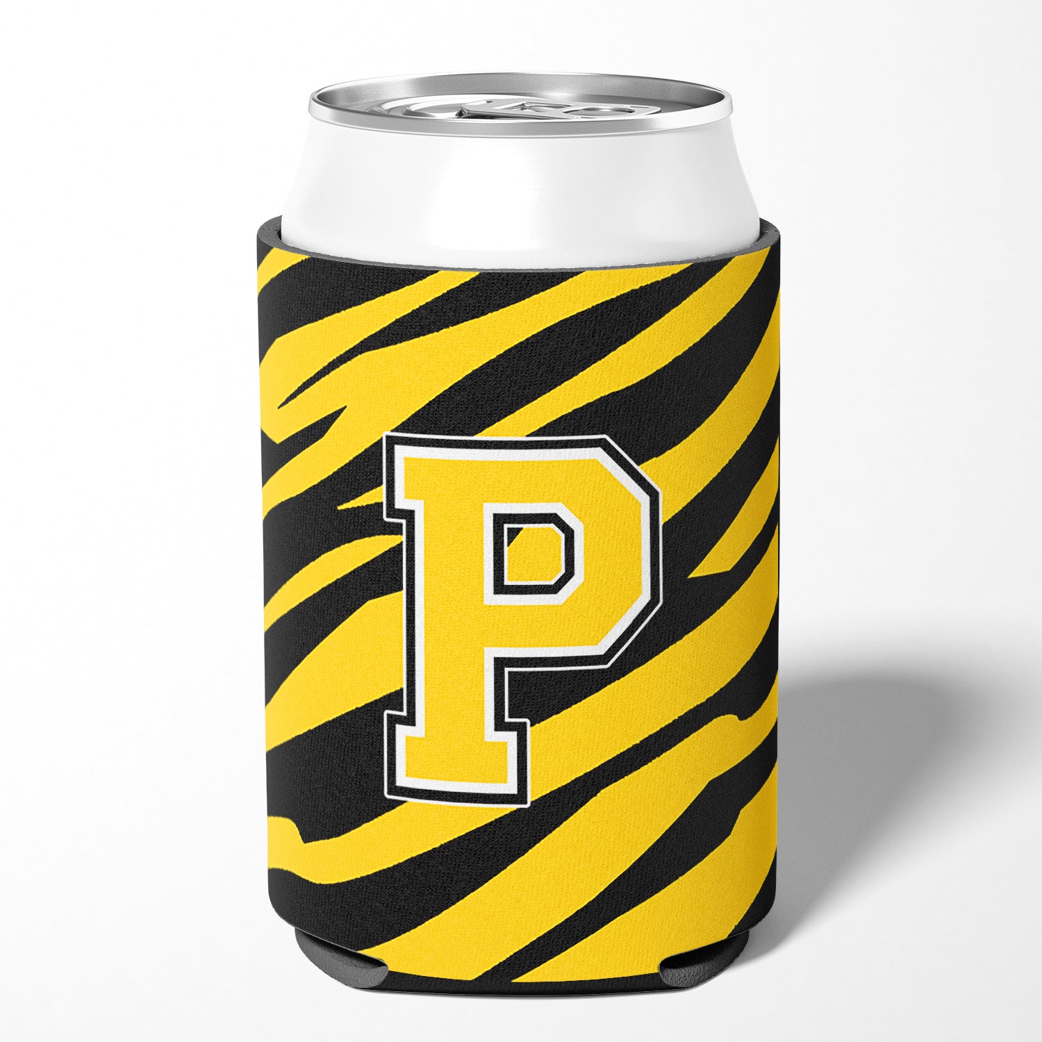 Letter P Initial Monogram - Tiger Stripe - Black Gold Can Beverage Insulator Hugger
