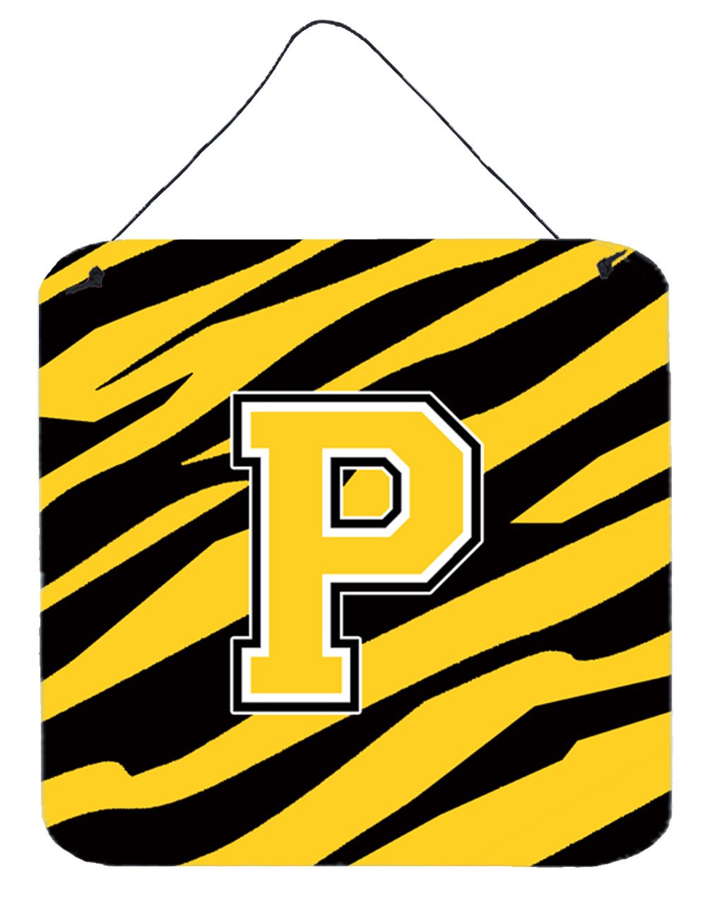 Letter P Initial Tiger Stripe - Black Gold  Wall or Door Hanging Prints by Caroline&#39;s Treasures