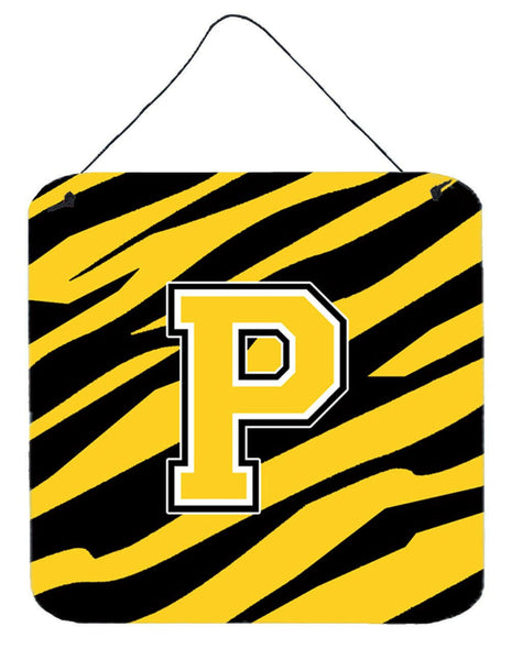 Letter P Initial Tiger Stripe - Black Gold  Wall or Door Hanging Prints by Caroline's Treasures