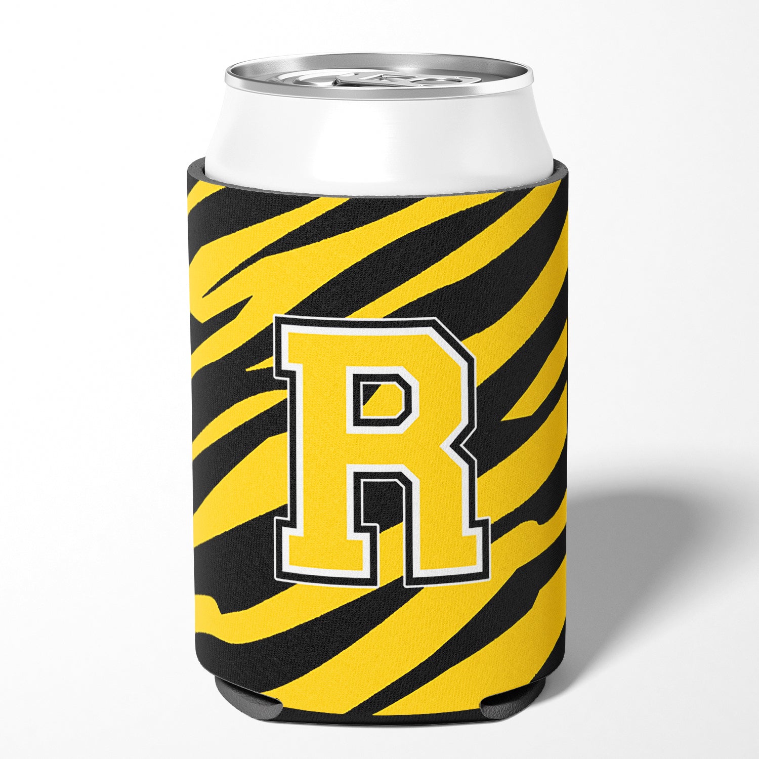 Lettre R monogramme initial - Tiger Stripe - Black Gold Can Beverage Insulator Hugger