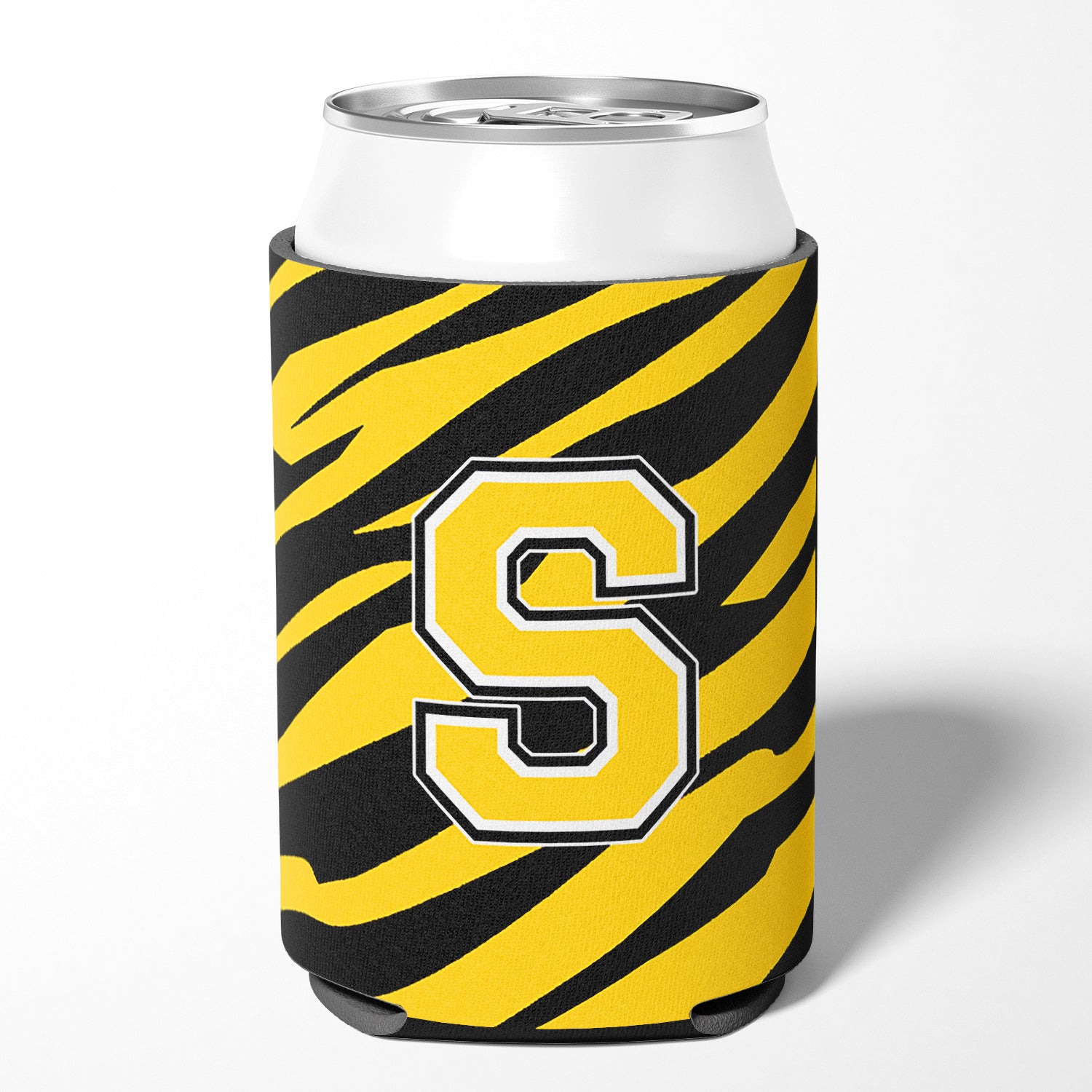 Caroline's Treasures Letter S Initial Monogram - Tiger Stripe - Black Gold Can Beverage Insulator Hugger