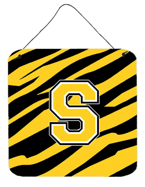 Letter S Initial Tiger Stripe - Black Gold  Wall or Door Hanging Prints by Caroline's Treasures