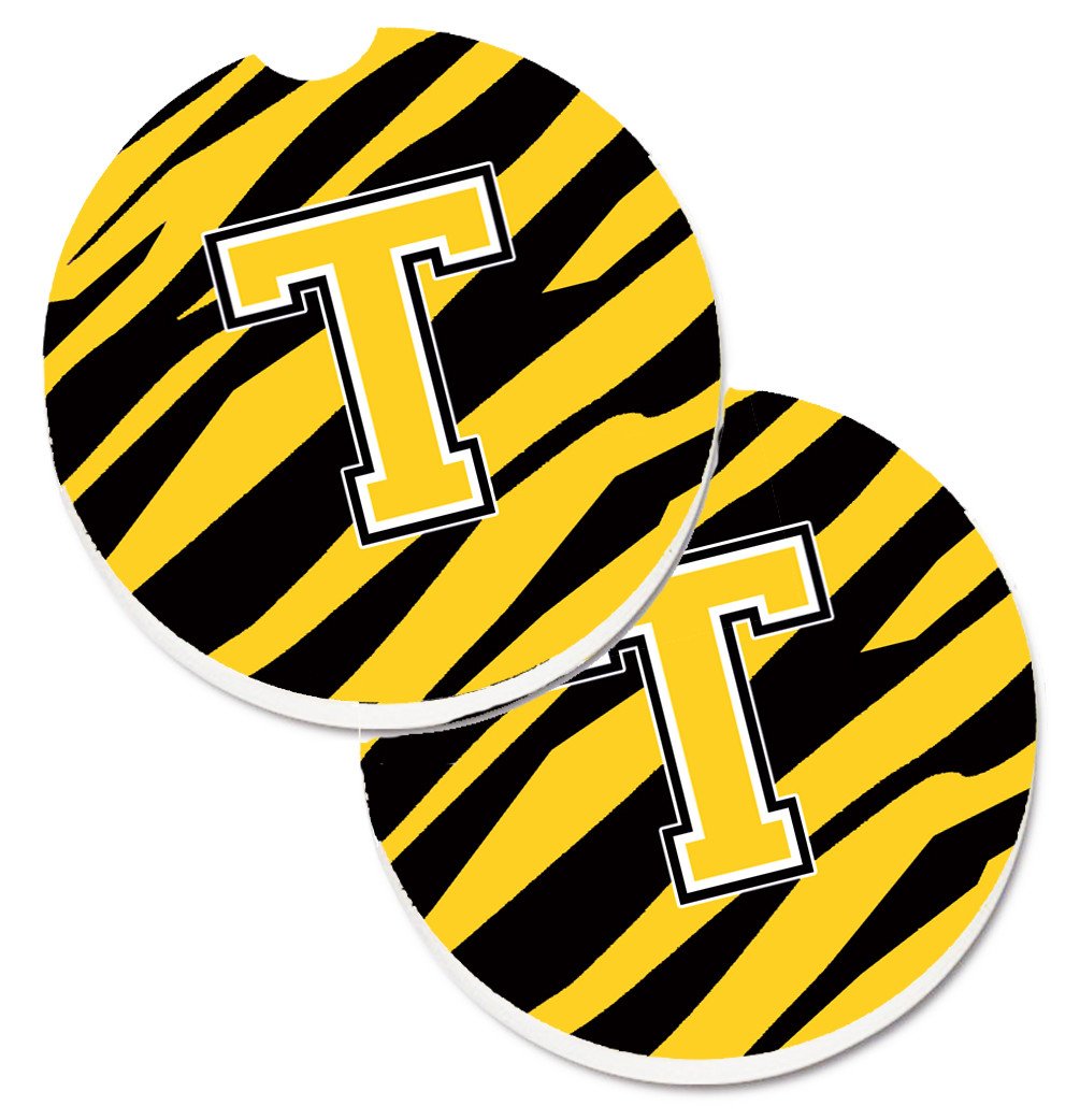 Monogram Initial T Tiger Stripe - Black Gold Set of 2 Cup Holder Car Coasters CJ1026-TCARC by Caroline&#39;s Treasures