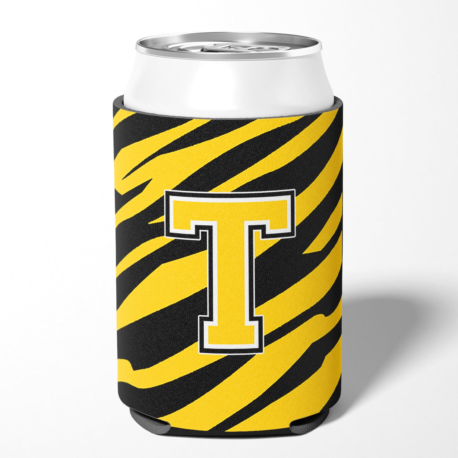 Lettre T monogramme initial - Tiger Stripe - Black Gold Can Beverage Insulator Hugger