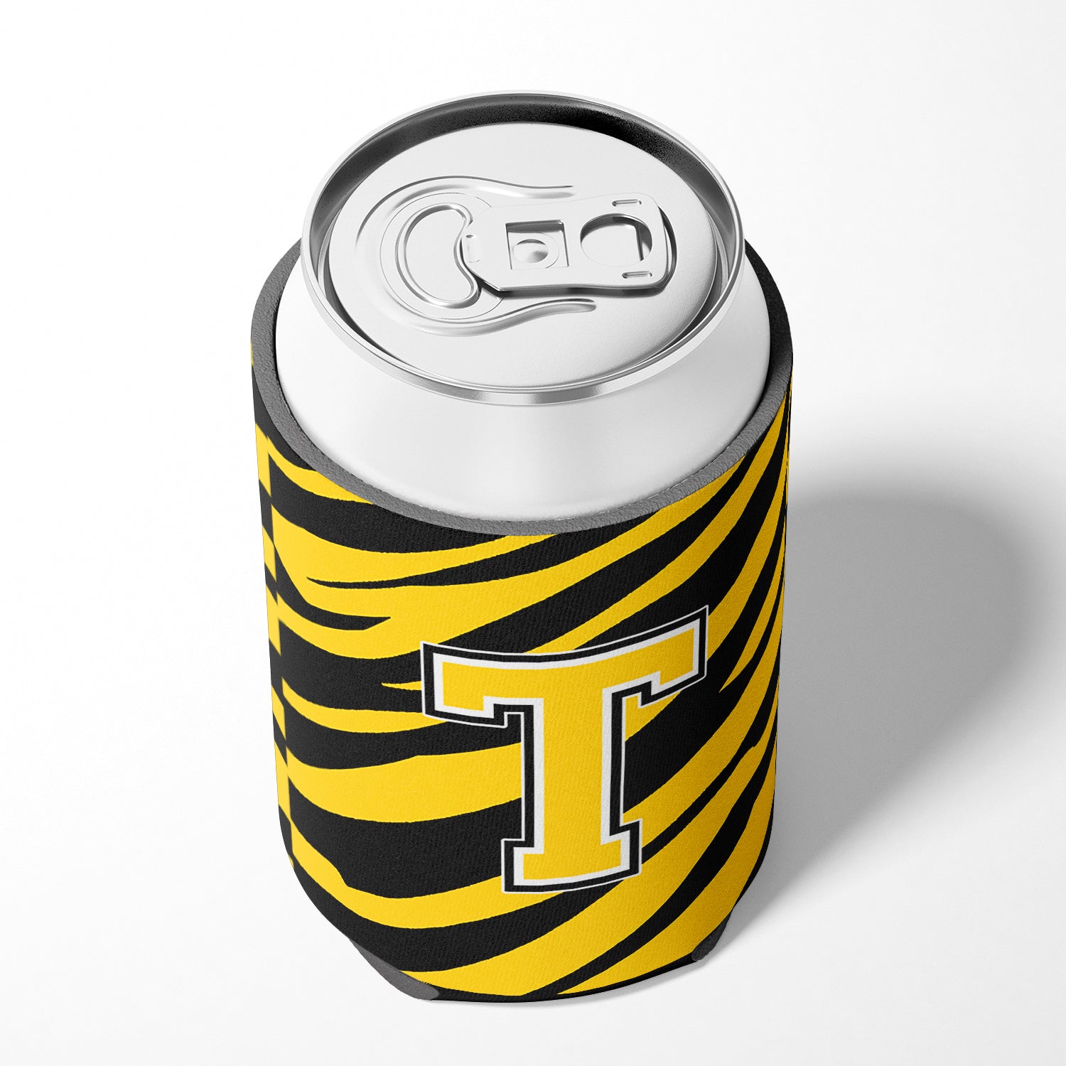 Letter T Initial Monogram - Tiger Stripe - Black Gold Can Beverage Insulator Hugger