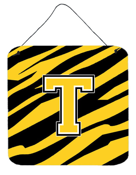 Letter T Initial Tiger Stripe - Black Gold  Wall or Door Hanging Prints by Caroline's Treasures
