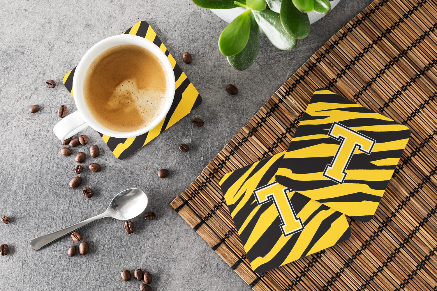 Set of 4 Monogram - Tiger Stripe - Black Gold Foam Coasters Initial Letter T - the-store.com