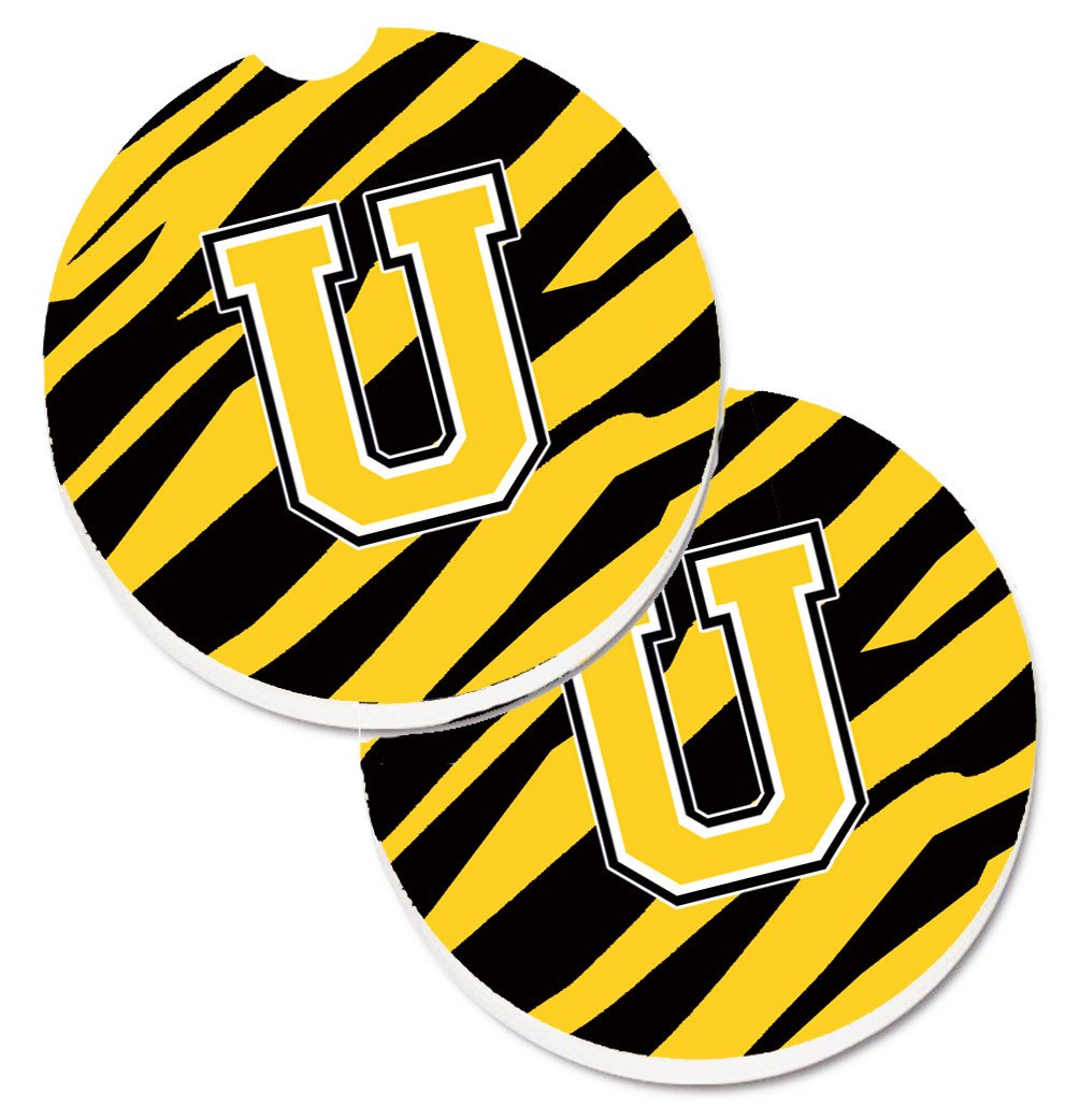 Monogram Initial U Tiger Stripe - Black Gold Set of 2 Cup Holder Car Coasters CJ1026-UCARC by Caroline&#39;s Treasures