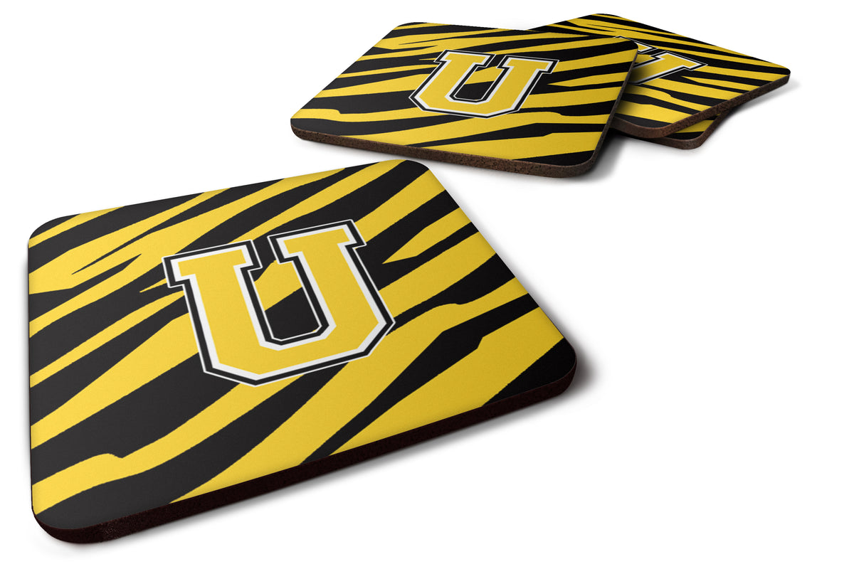 Set of 4 Monogram - Tiger Stripe - Black Gold Foam Coasters Initial Letter U - the-store.com