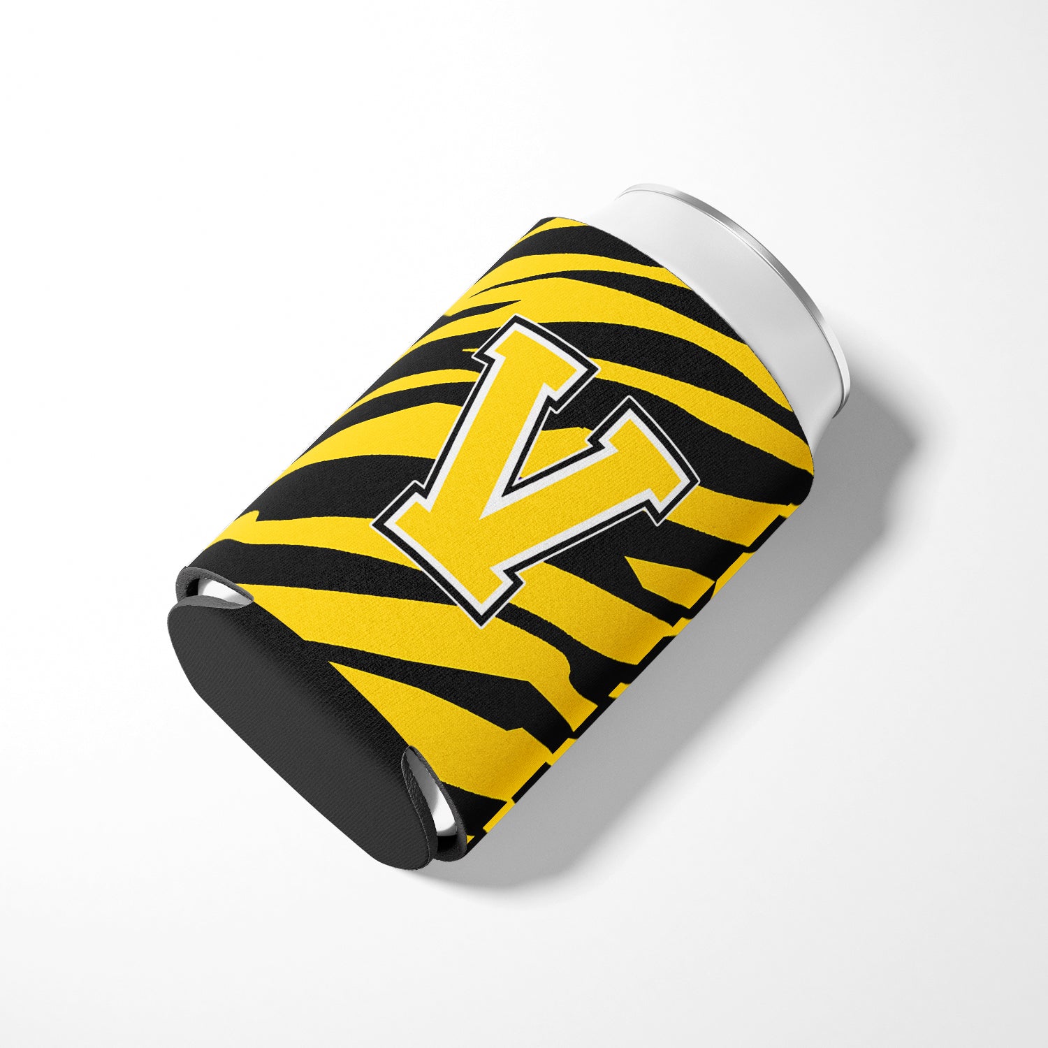 Letter V Initial Monogram - Tiger Stripe - Black Gold Can Beverage Insulator Hugger