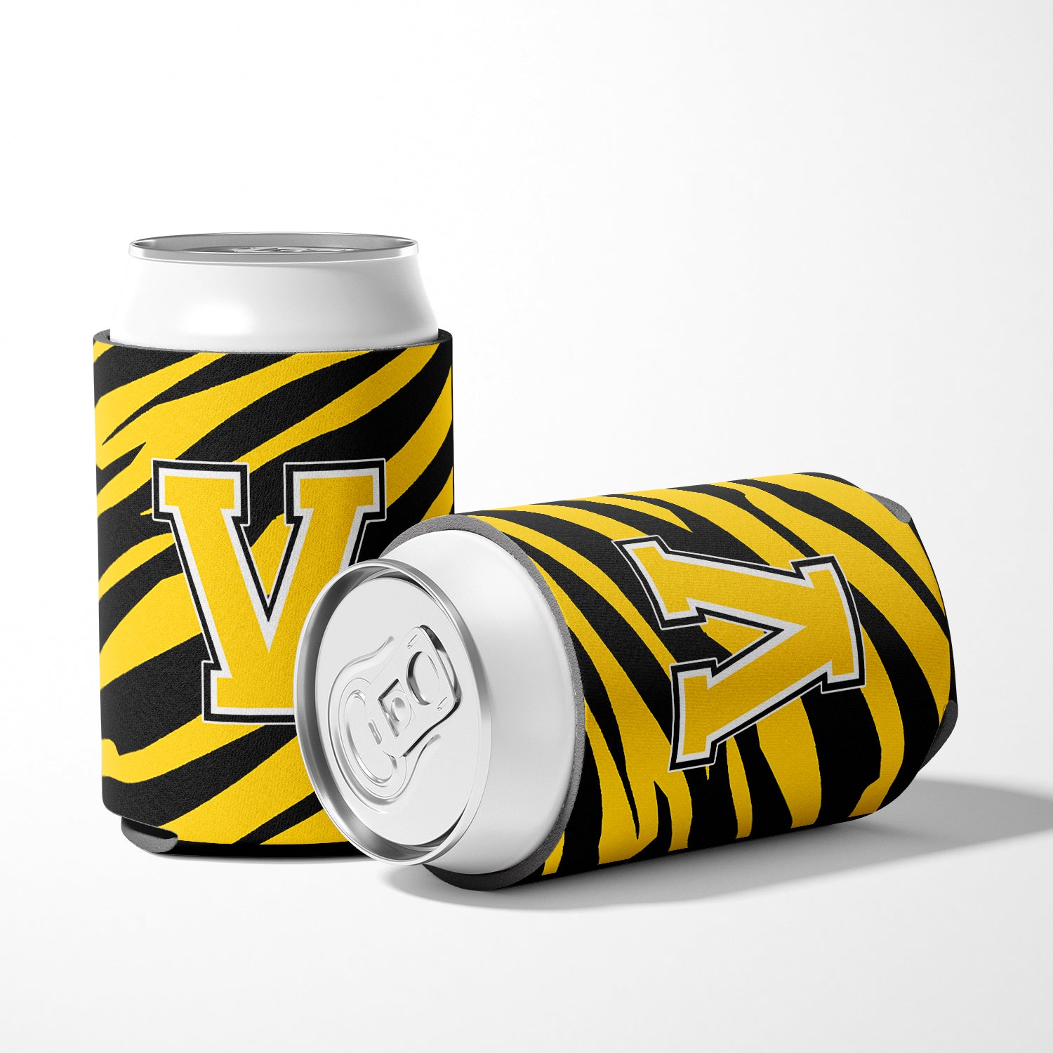 Letter V Initial Monogram - Tiger Stripe - Black Gold Can Beverage Insulator Hugger