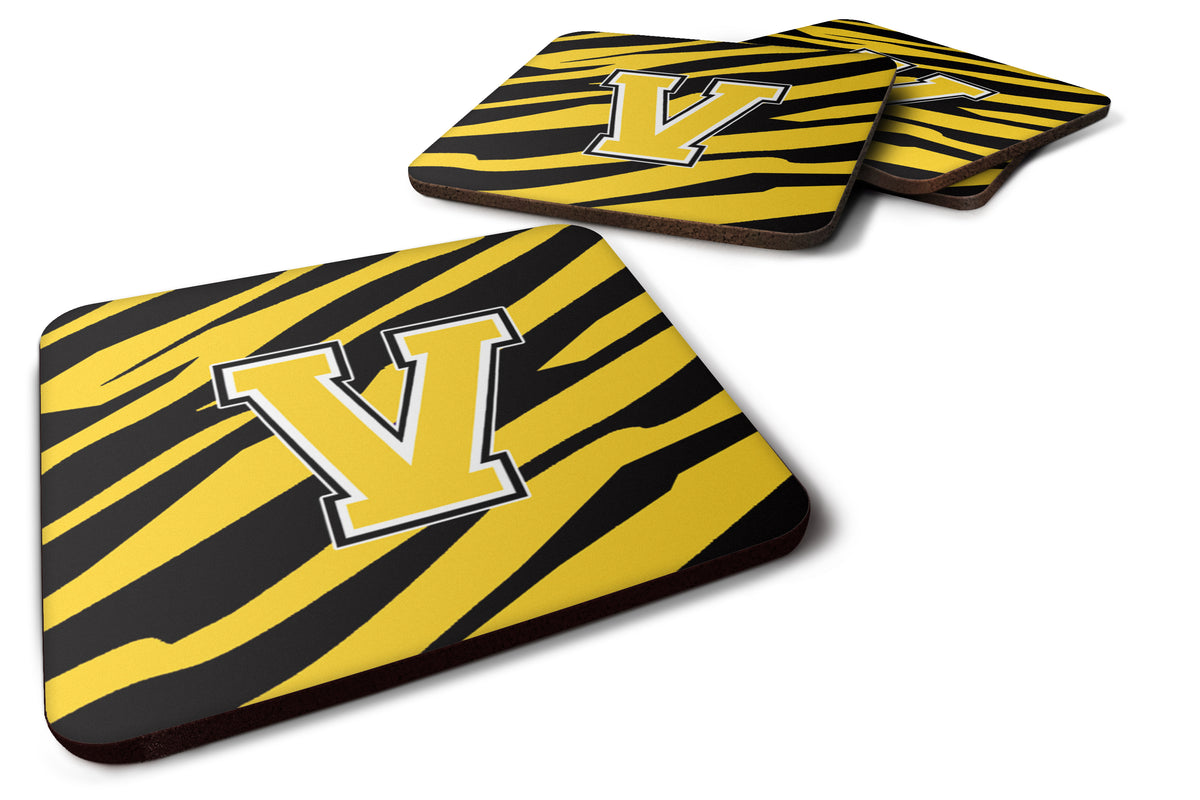 Set of 4 Monogram - Tiger Stripe - Black Gold Foam Coasters Initial Letter V - the-store.com