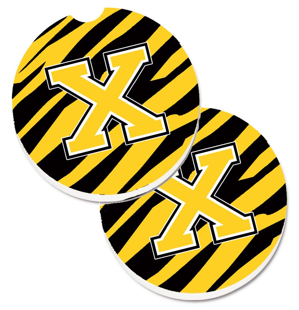 Monogram Initial X Tiger Stripe - Black Gold Set of 2 Cup Holder Car Coasters CJ1026-XCARC by Caroline&#39;s Treasures