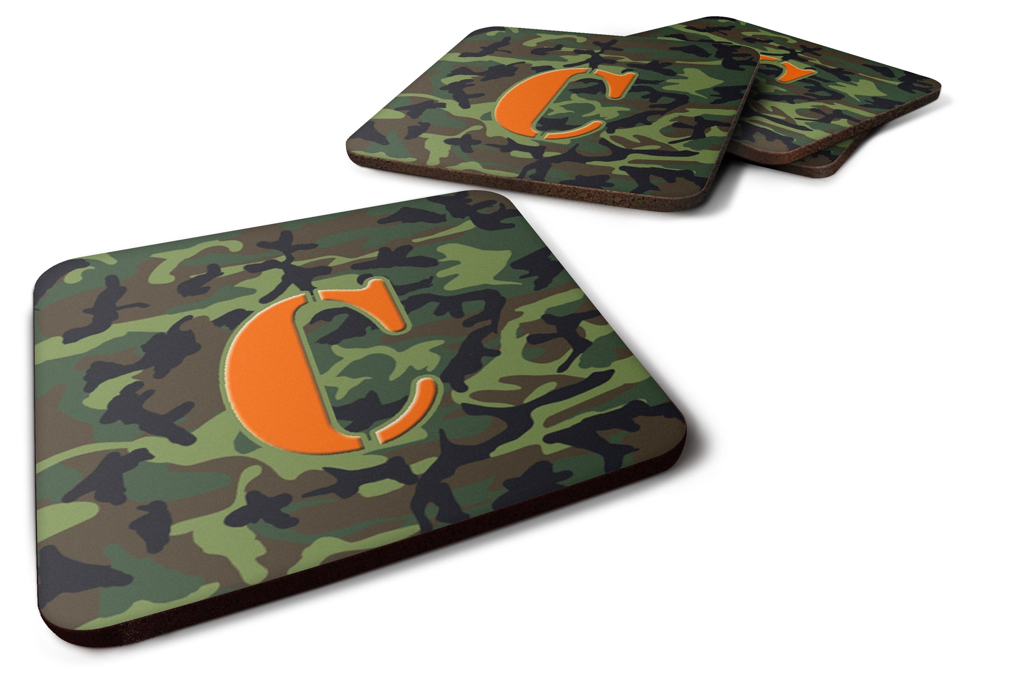 Set of 4 Monogram - Camo Green Foam Coasters Initial Letter C - the-store.com