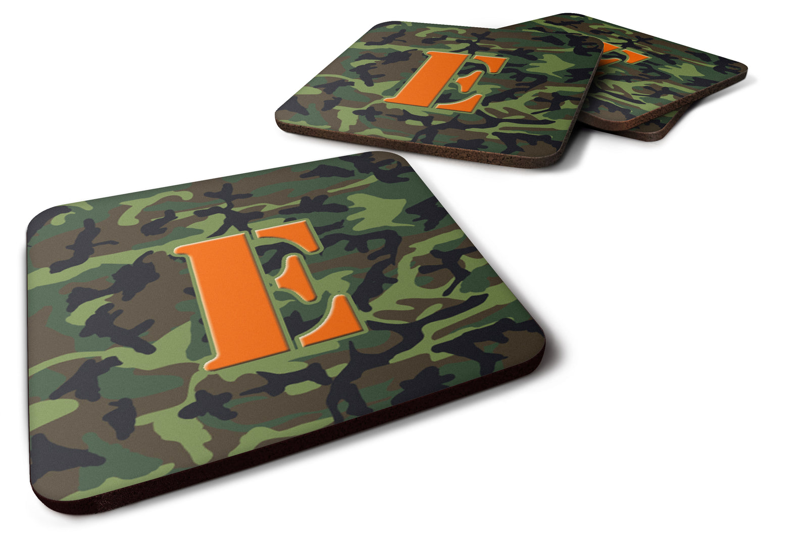 Set of 4 Monogram - Camo Green Foam Coasters Initial Letter E - the-store.com