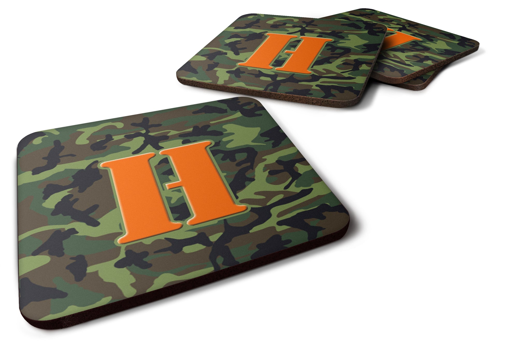 Set of 4 Monogram - Camo Green Foam Coasters Initial Letter H - the-store.com