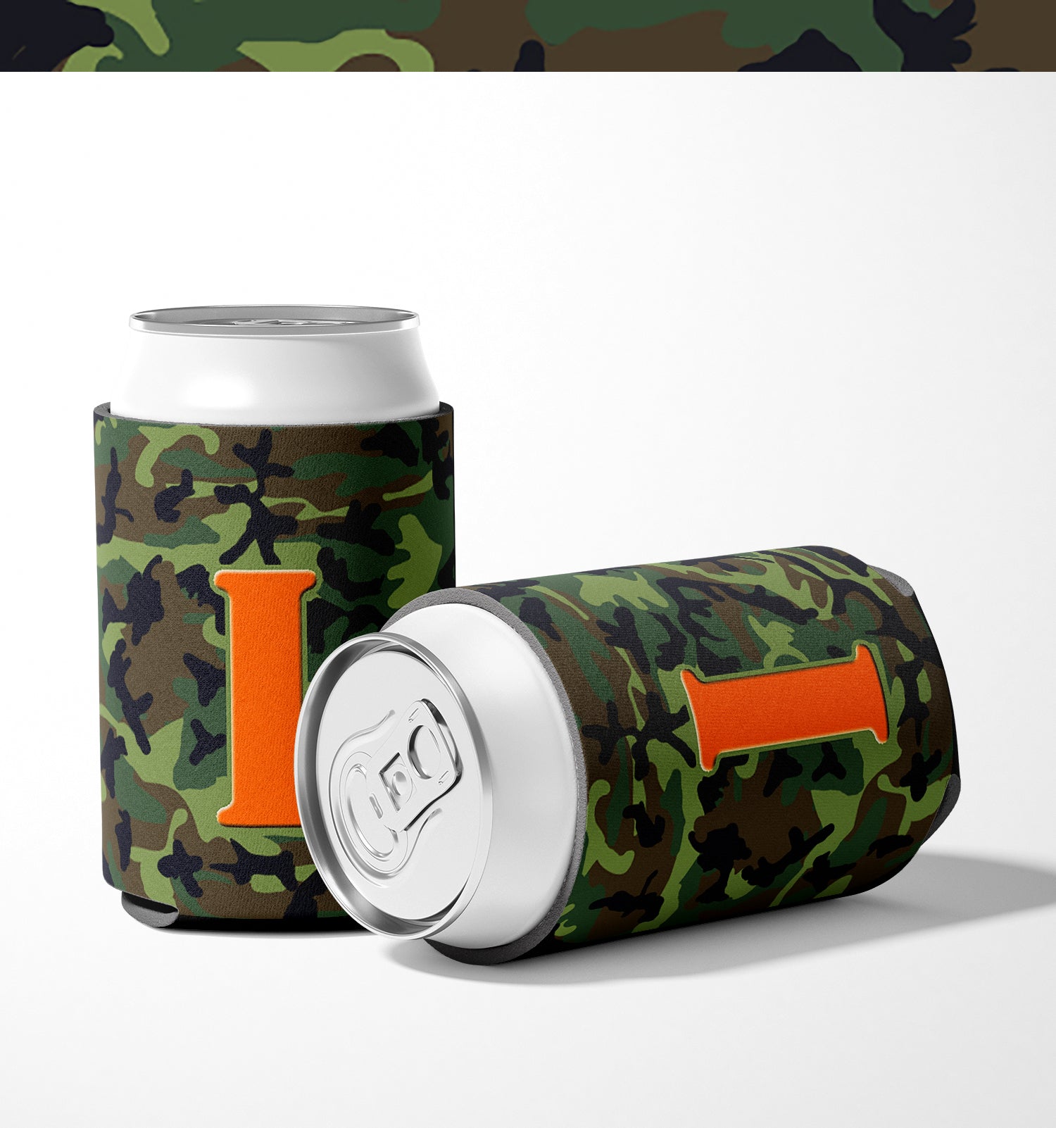 Letter I Initial Monogram - Camo Green Can or Bottle Beverage Insulator Hugger.