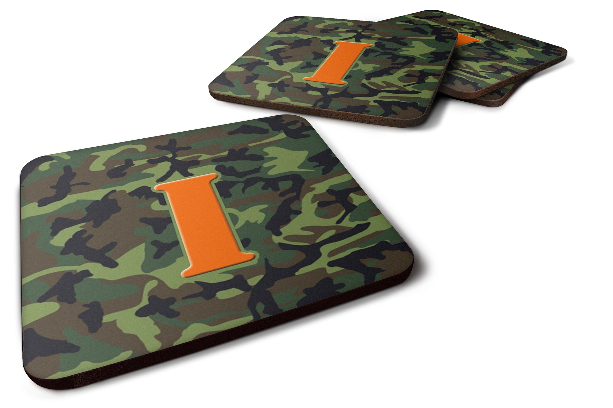 Set of 4 Monogram - Camo Green Foam Coasters Initial Letter I - the-store.com