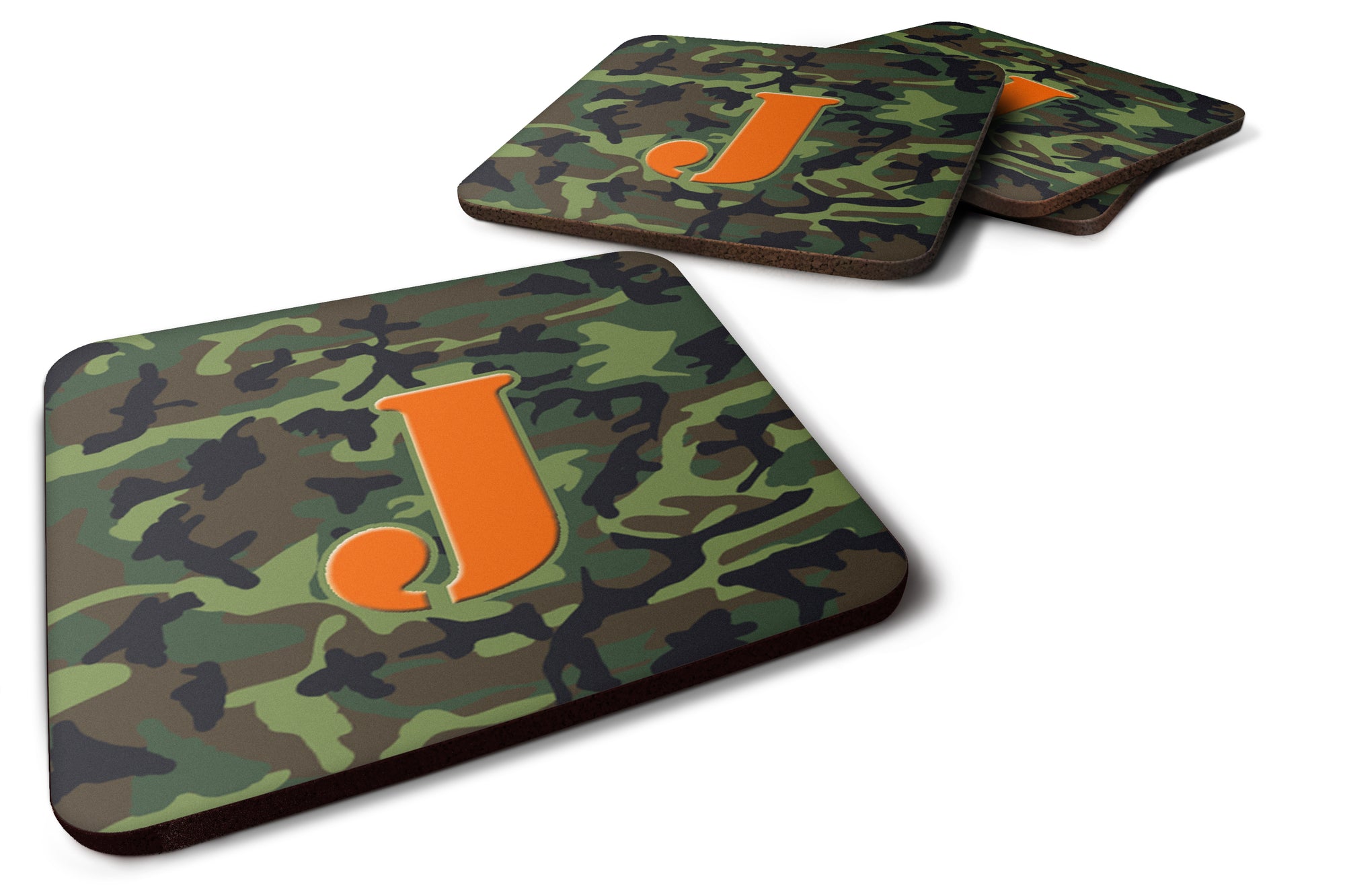 Set of 4 Monogram - Camo Green Foam Coasters Initial Letter J - the-store.com