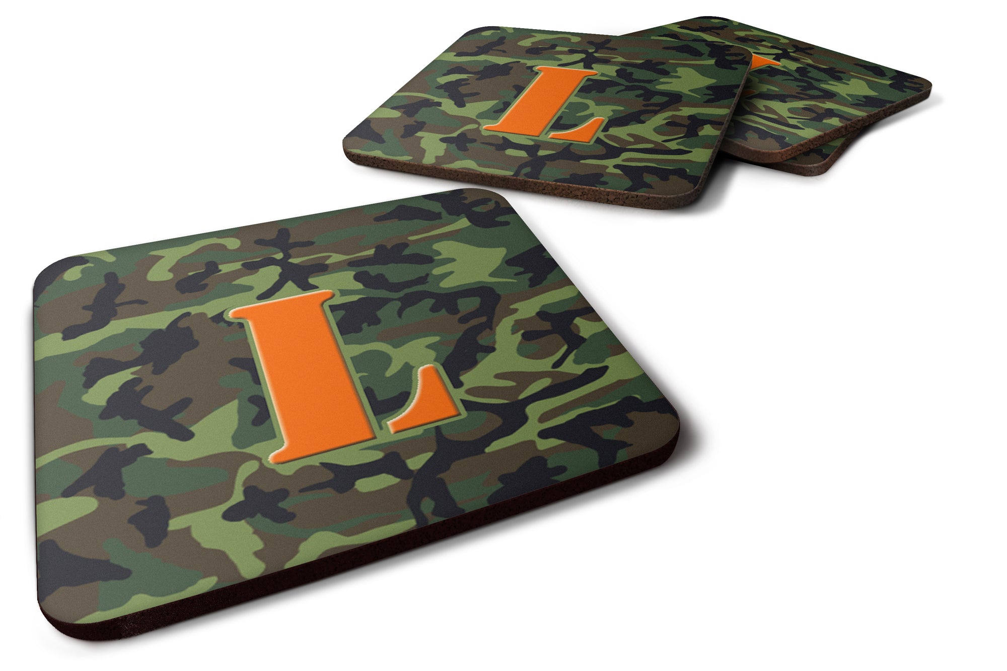 Set of 4 Monogram - Camo Green Foam Coasters Initial Letter L - the-store.com