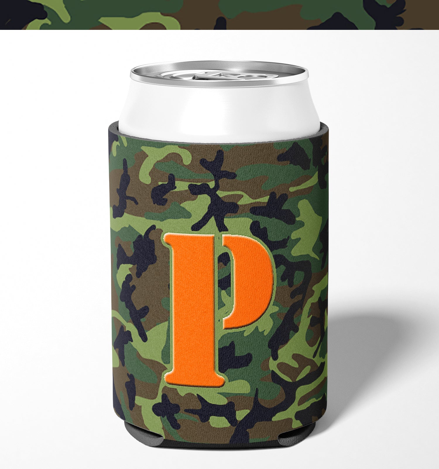 Letter P Initial Monogram - Camo Green Can or Bottle Beverage Insulator Hugger.