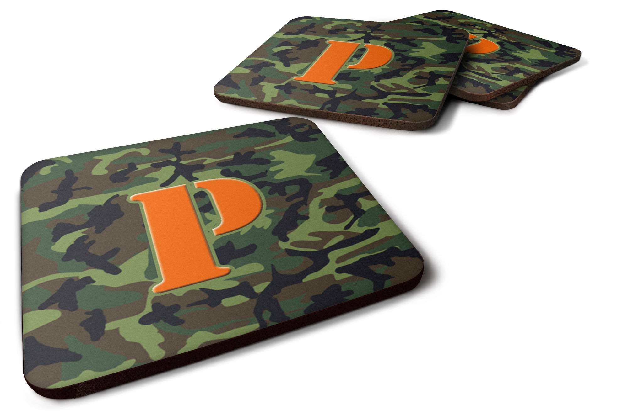 Set of 4 Monogram - Camo Green Foam Coasters Initial Letter P - the-store.com