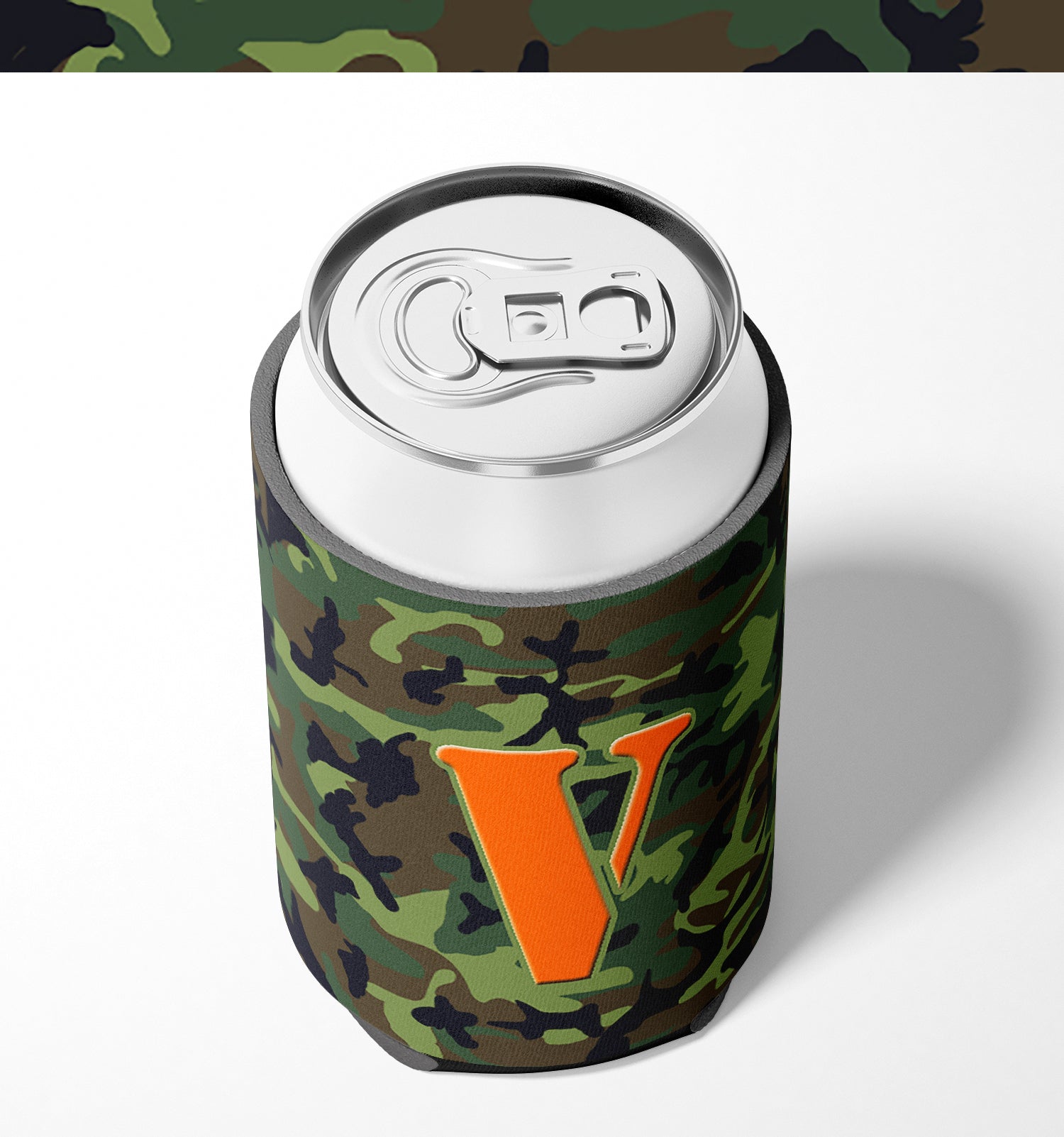Letter V Initial Monogram - Camo Green Can or Bottle Beverage Insulator Hugger.