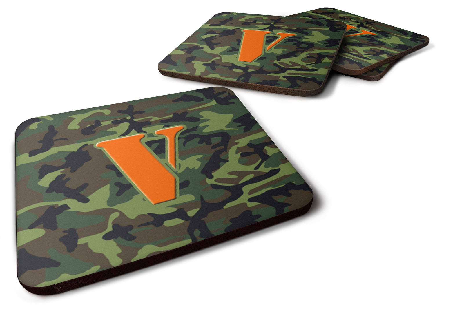 Set of 4 Monogram - Camo Green Foam Coasters Initial Letter V - the-store.com