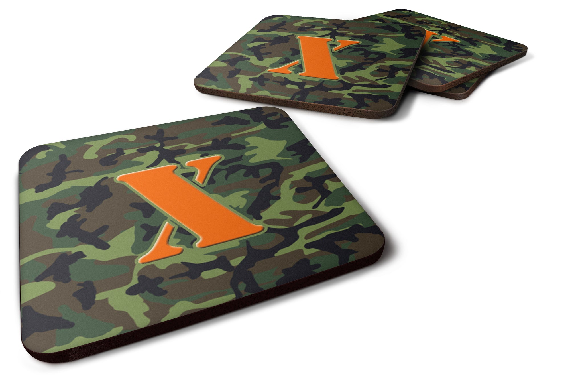 Set of 4 Monogram - Camo Green Foam Coasters Initial Letter X - the-store.com