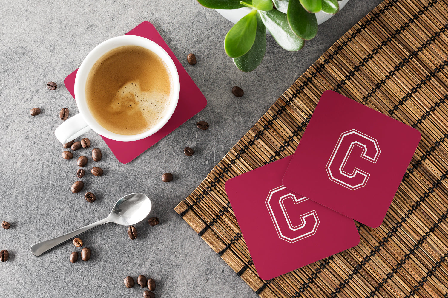 Set of 4 Monogram - Maroon and White Foam Coasters Initial Letter C - the-store.com