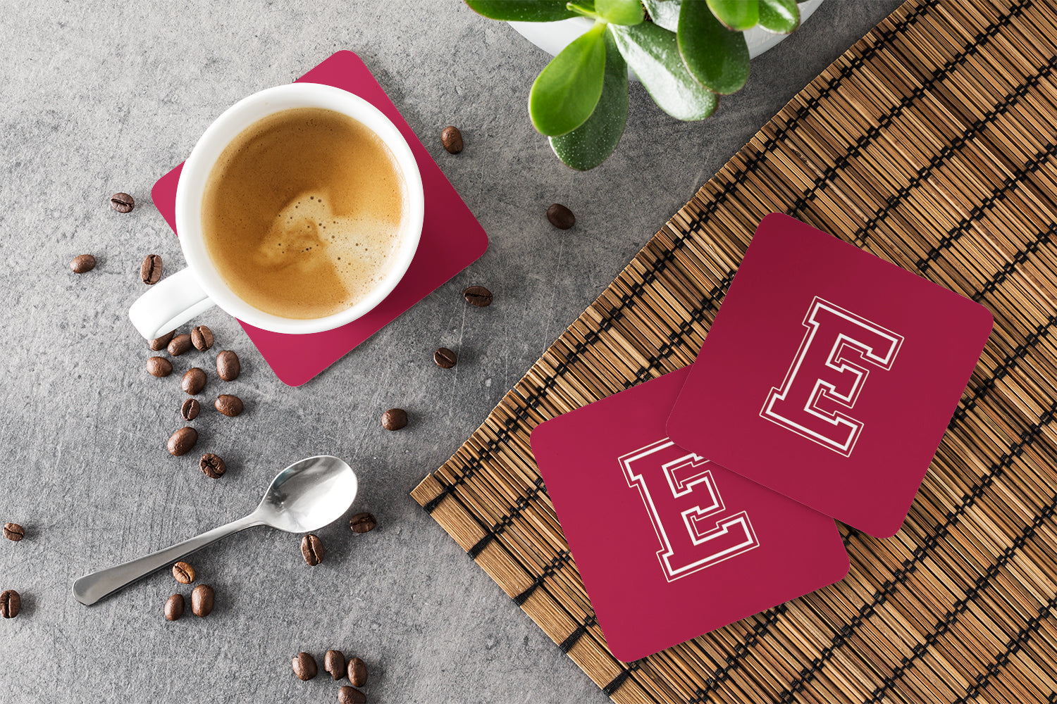 Set of 4 Monogram - Maroon and White Foam Coasters Initial Letter E - the-store.com