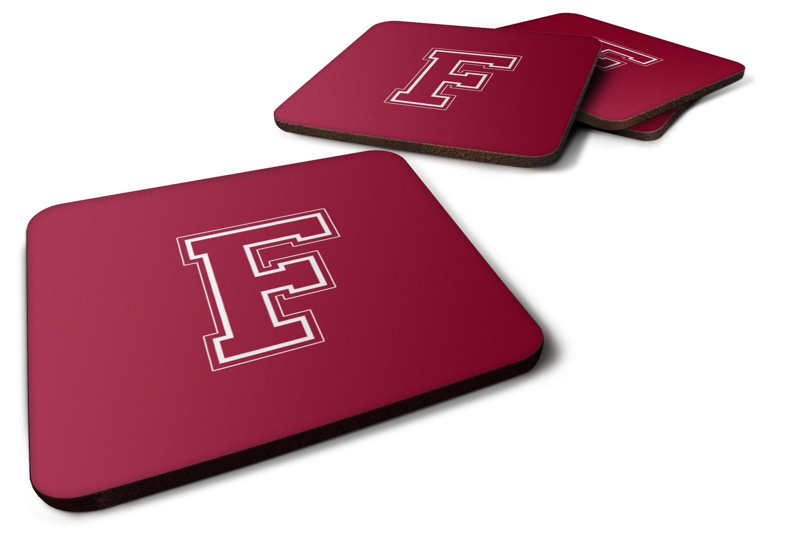 Set of 4 Monogram - Maroon and White Foam Coasters Initial Letter F - the-store.com