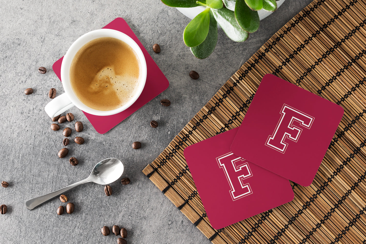 Set of 4 Monogram - Maroon and White Foam Coasters Initial Letter F - the-store.com