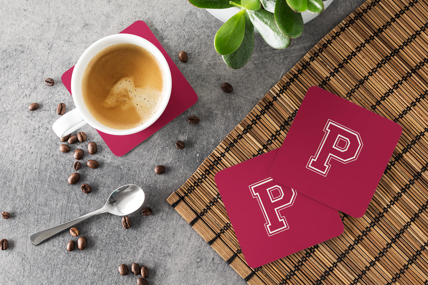 Set of 4 Monogram - Maroon and White Foam Coasters Initial Letter P - the-store.com