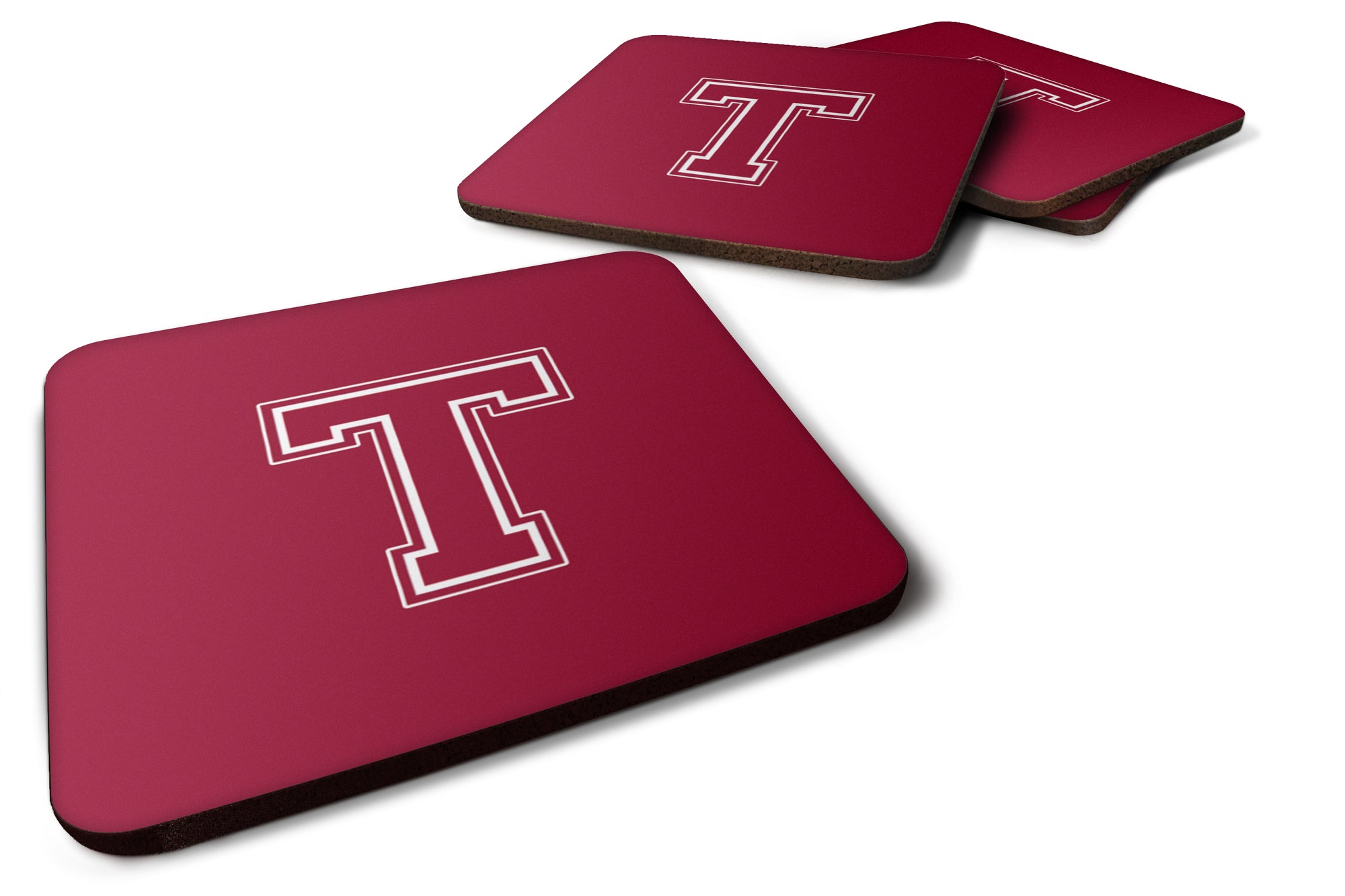 Set of 4 Monogram - Maroon and White Foam Coasters Initial Letter T - the-store.com