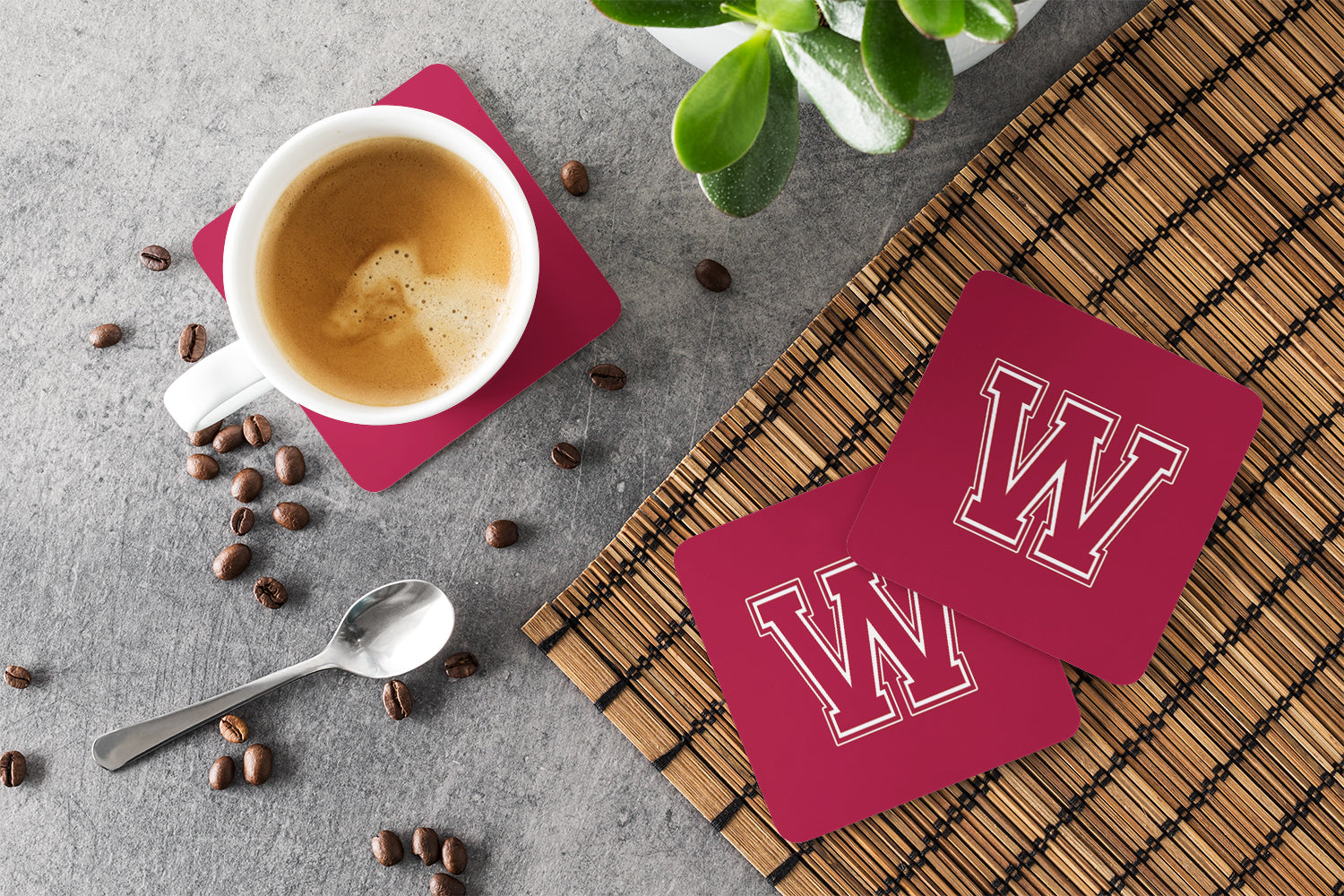 Set of 4 Monogram - Maroon and White Foam Coasters Initial Letter W - the-store.com
