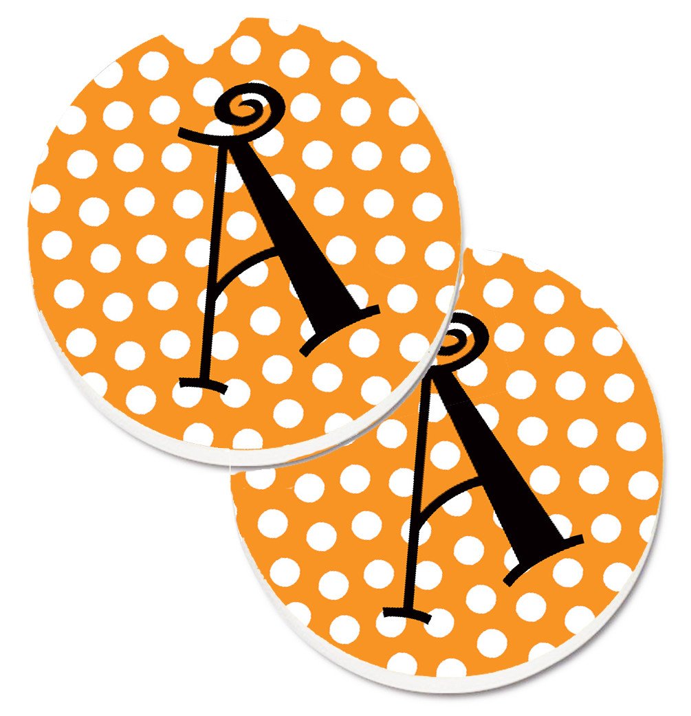 Letter A Monogram - Orange and Black Polka Dots Set of 2 Cup Holder Car Coasters CJ1033-ACARC by Caroline&#39;s Treasures
