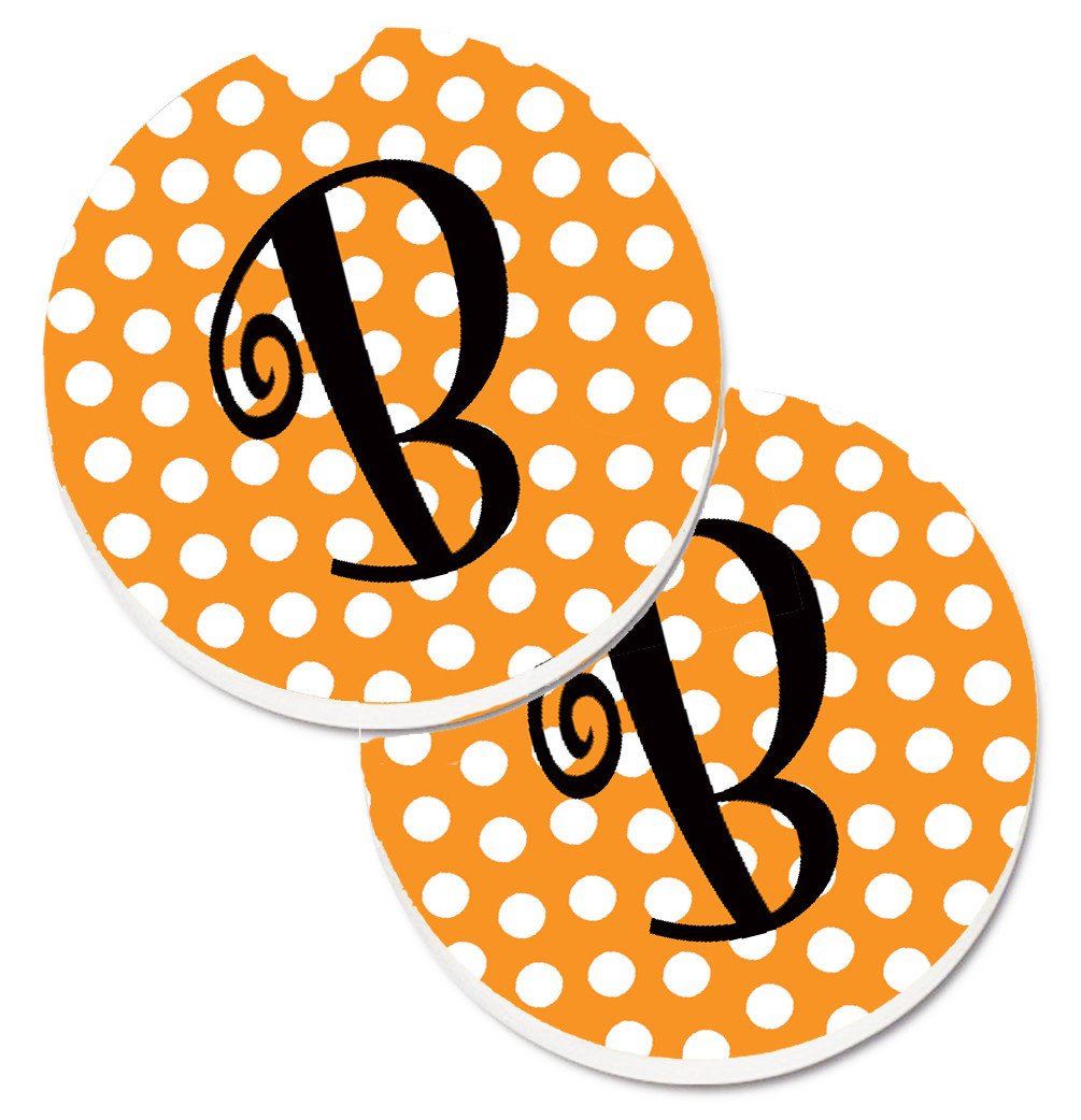 Monogram Initial B Orange Polkadots  Set of 2 Cup Holder Car Coasters CJ1033-BCARC by Caroline&#39;s Treasures