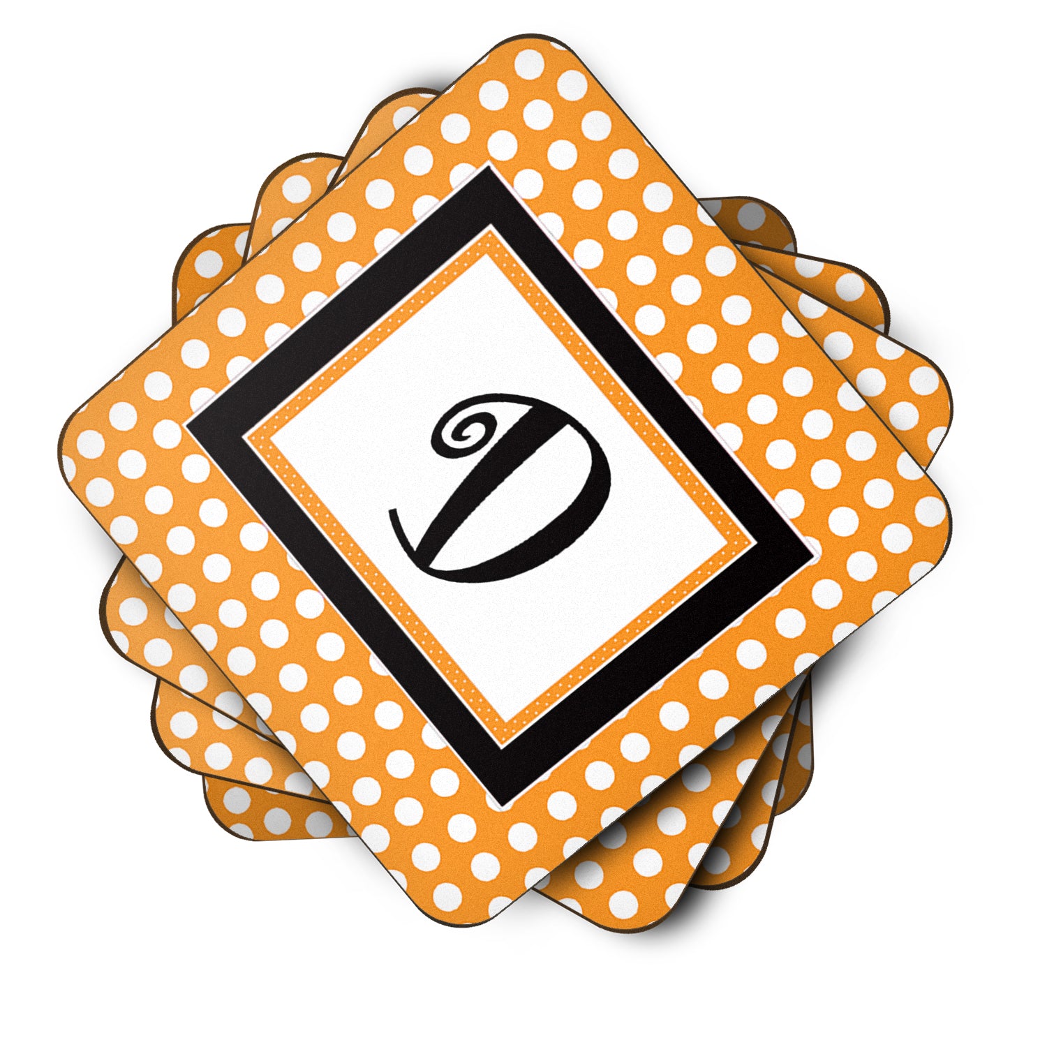 Set of 4 Monogram - Orange Polkadots Foam Coasters Initial Letter D - the-store.com