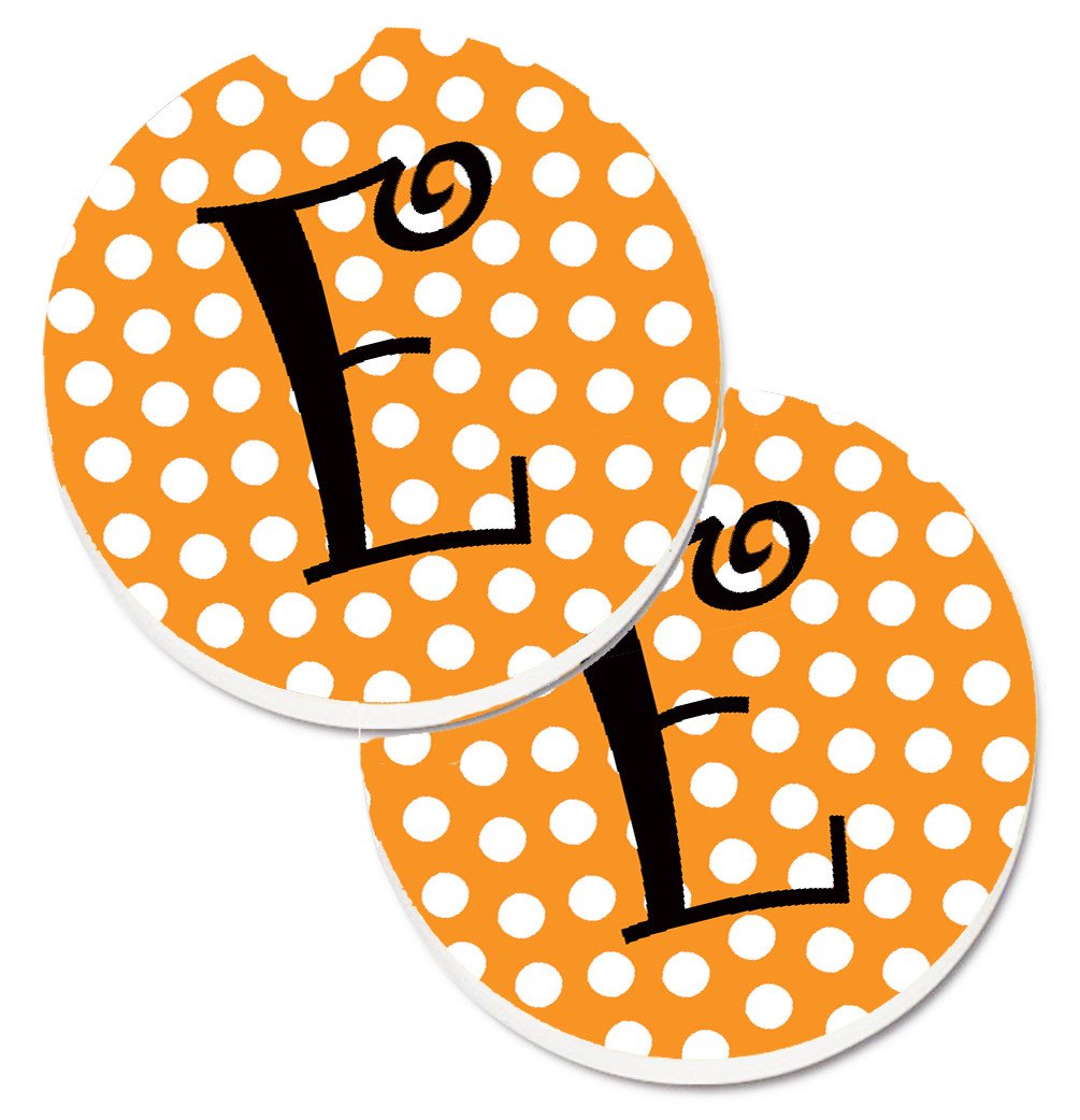 Monogram Initial E Orange Polkadots  Set of 2 Cup Holder Car Coasters CJ1033-ECARC by Caroline&#39;s Treasures