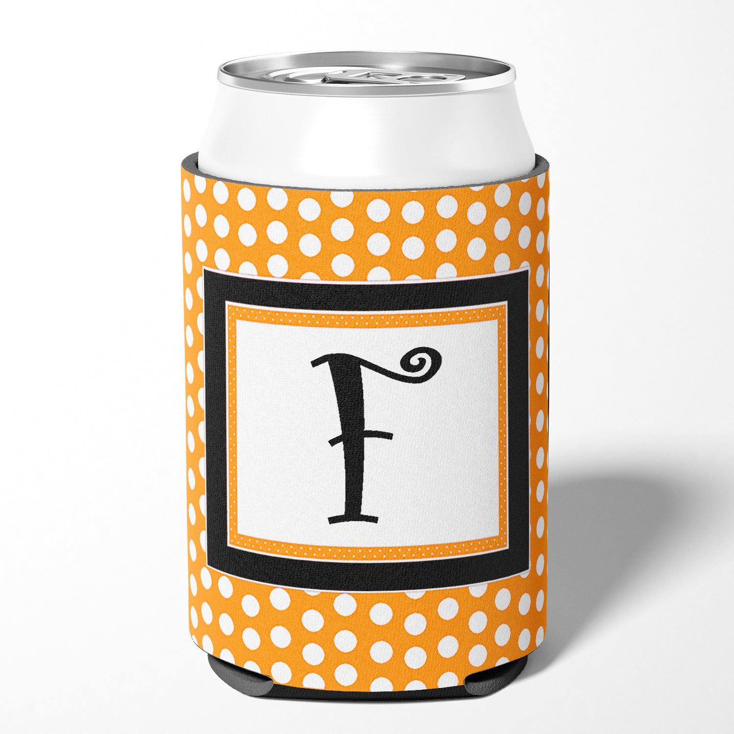 Letter F Initial Monogram - Orange Polkadots Can or Bottle Beverage Insulator Hugger.