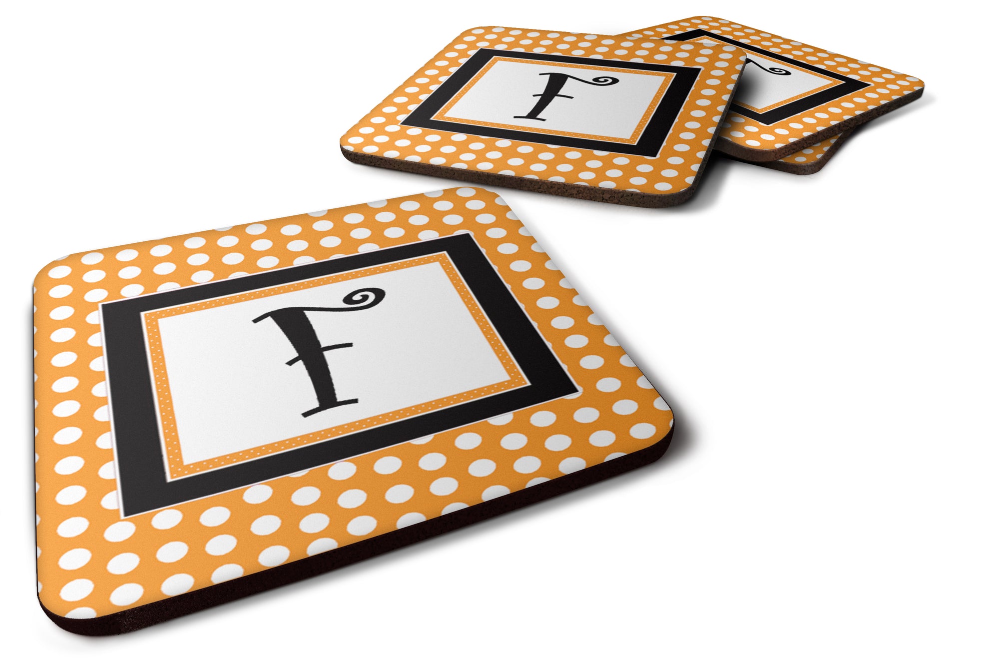 Set of 4 Monogram - Orange Polkadots Foam Coasters Initial Letter F - the-store.com