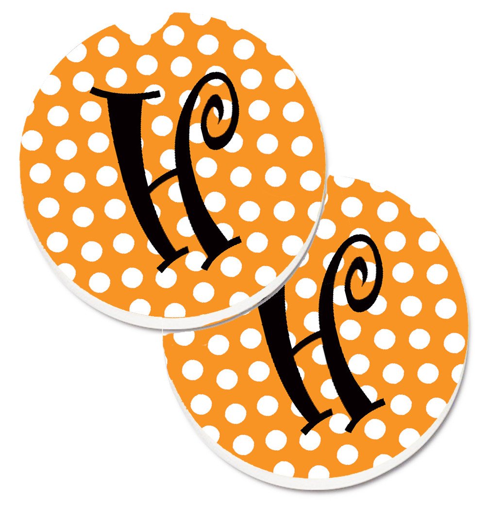 Monogram Initial H Orange Polkadots  Set of 2 Cup Holder Car Coasters CJ1033-HCARC by Caroline's Treasures