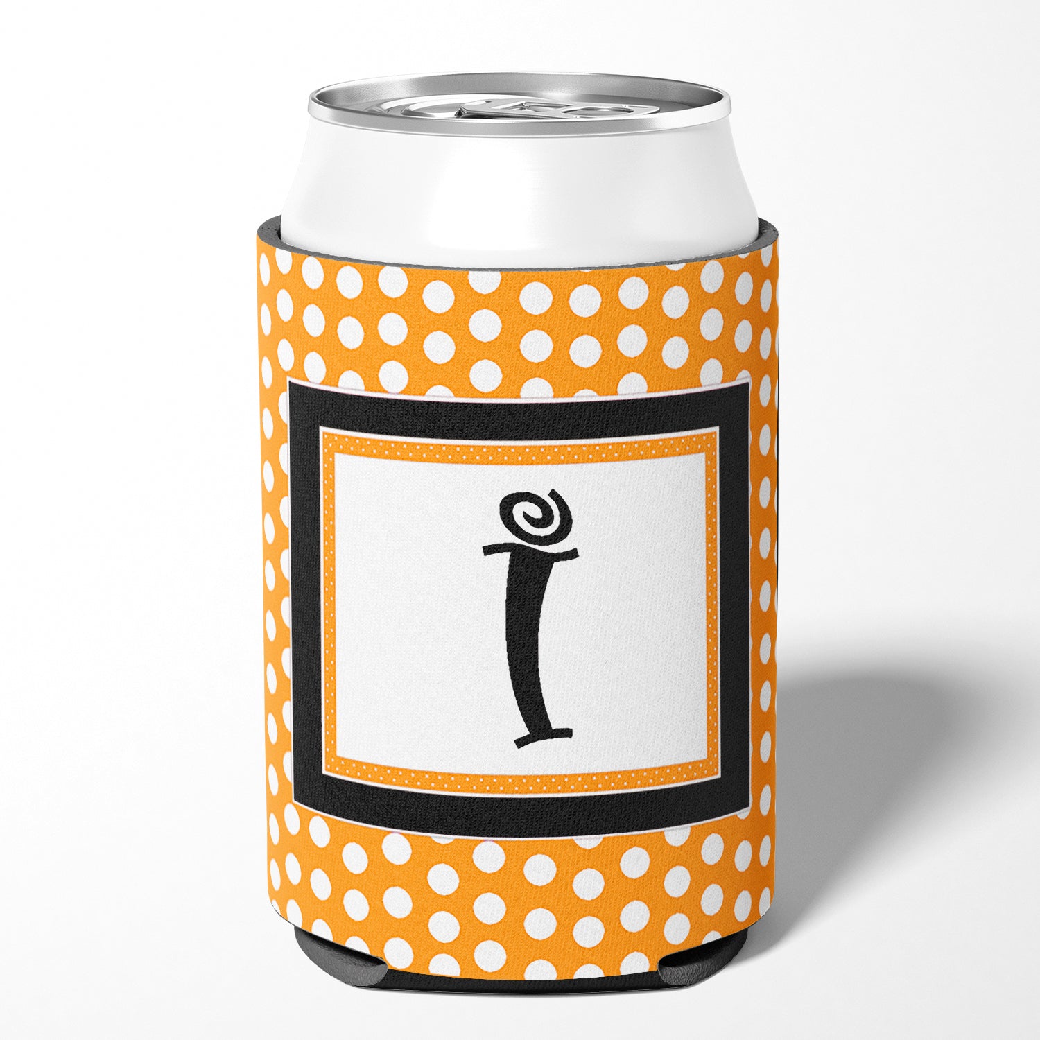 Letter I Initial Monogram - Orange Polkadots Can or Bottle Beverage Insulator Hugger